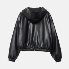 Trendy Fall Oversized Hooded Leather Jacket for Women