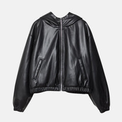 Trendy Fall Oversized Hooded Leather Jacket for Women