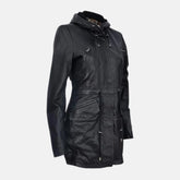 Quilted Women’s Leather Parka Jacket Hooded Trench Style