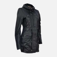 Quilted Women’s Leather Parka Jacket Hooded Trench Style