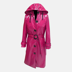 Women’s Stylish Shiny Leather Hooded Long Trench Raincoat