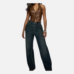 Claudette Asymmetrical Leather Corset Vest Halter Tank Top Party Outfit