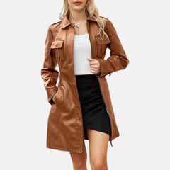 Women’s Leather Trench Coat Belted Long Sleeve Zip Lapel Overcoat