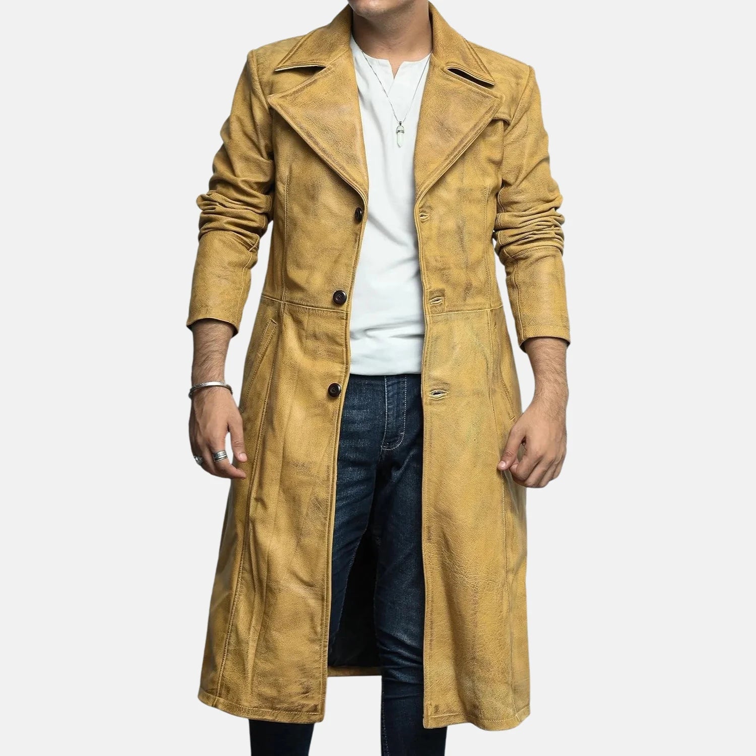 Elvardo Distressed Leather Duster Coat