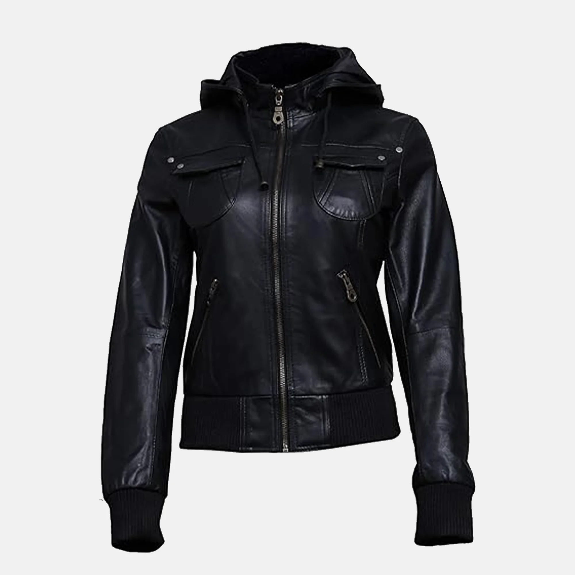 Emberlyn Hooded Leather Bomber Jacket for Women