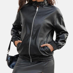 Evangeline Women’s Leather Bomber Jacket with Zipper