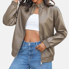 Evangeline Women’s Leather Bomber Jacket with Zipper
