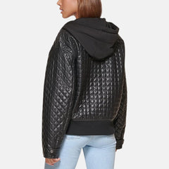 Faux Leather With Jersey Hood Box Quilted Jacket Women