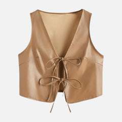 V-Neck Sleeveless Women’s Leather Outerwear Jacket