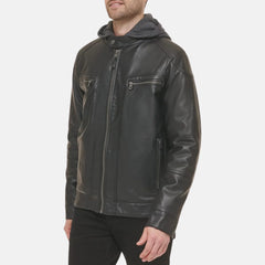 Removable Hoodie Biker Style Mens Leather Jacket