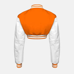 Cropped Orange Wool Jacket Black Leather Sleeves Varsity Jacket Women