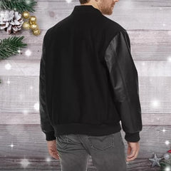 Leather Sleeve and Wool Blend Men's Varsity Jacket