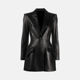 Selene Metal Stitching Studded One Button Women’s Leather Blazer Jacket