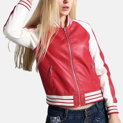 Rib Knit Collar White Strips Bomber Baseball Varsity Jacket Women
