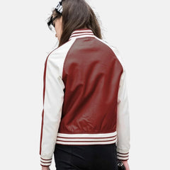 Rib Knit Collar White Strips Bomber Baseball Varsity Jacket Women