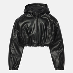 Women’s Zip Up Hooded Leather Jacket Streetwear Look