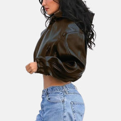 Women’s Zip Up Hooded Leather Jacket Streetwear Look