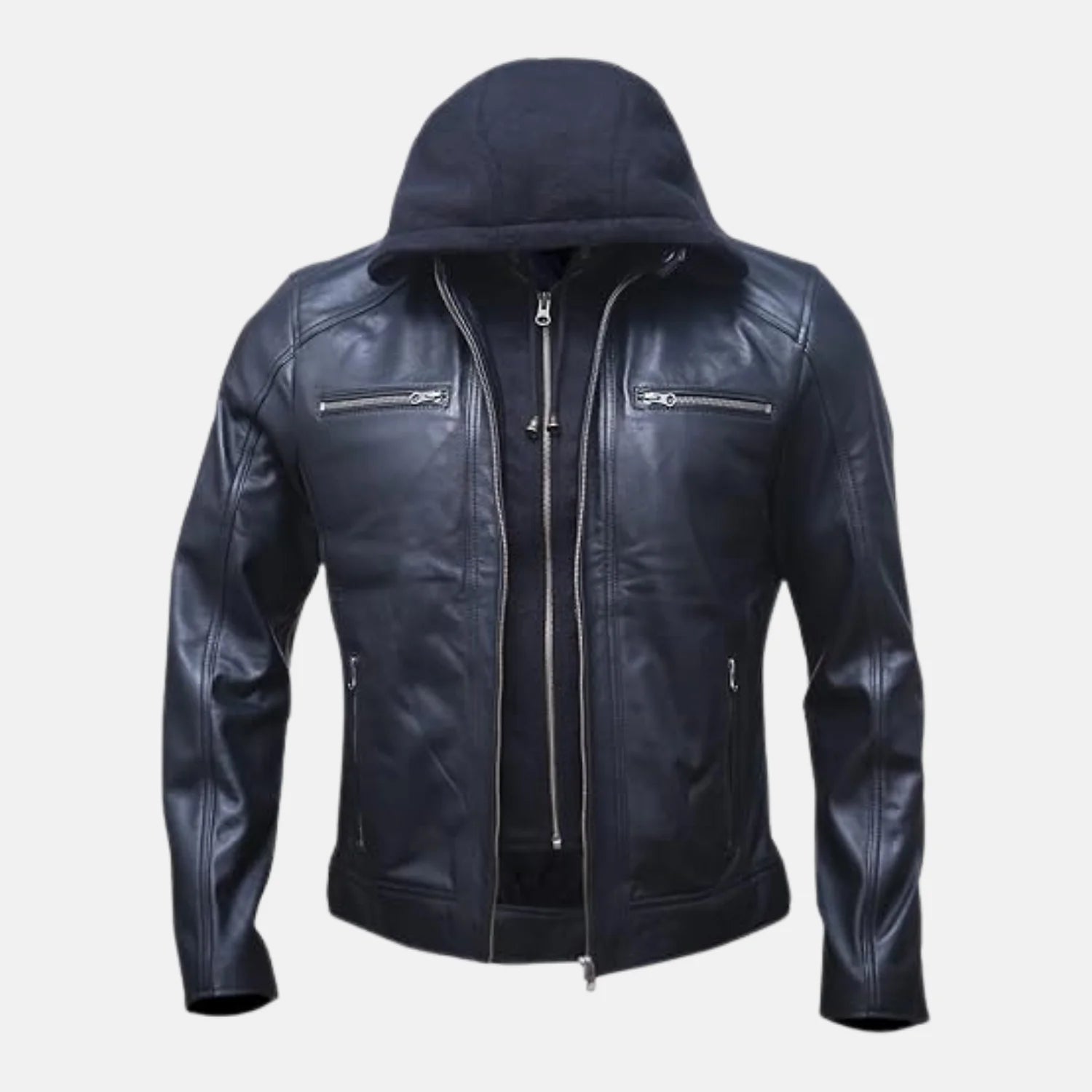 Vortex Removable Hood Mens Leather Motorcycle Jacket