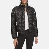 Faux Leather Bomber Contrast Trim Quilted Jacket Women