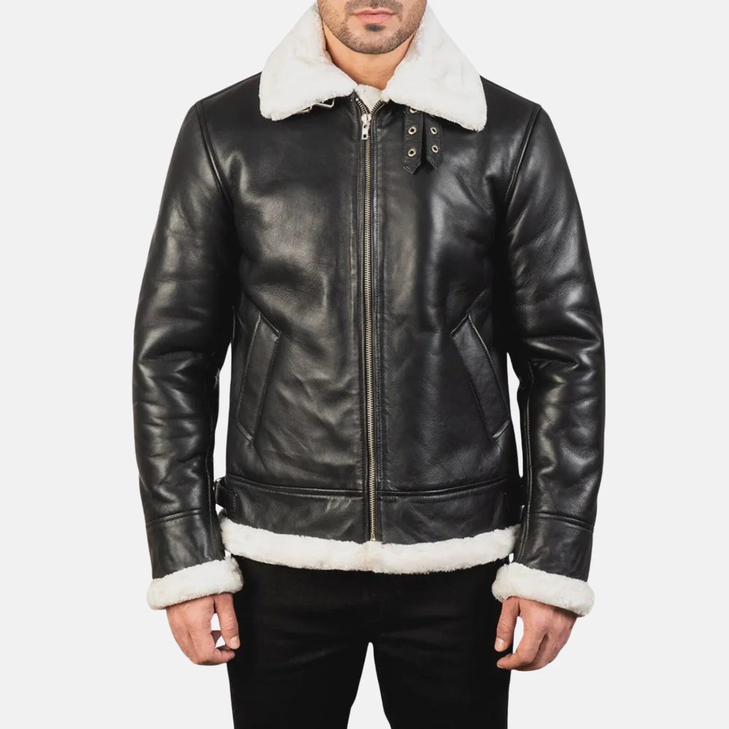 Men’s Black Bomber Faux Fur Leather Aviator Jacket