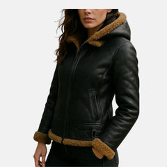 Black Women’s Fur Shearling Hoodie Leather Jacket