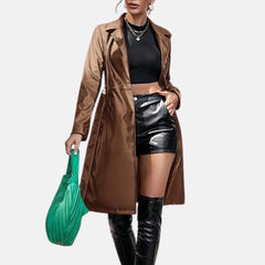 Women’s Leather Trench Coat Belted Loose Fit Open Front