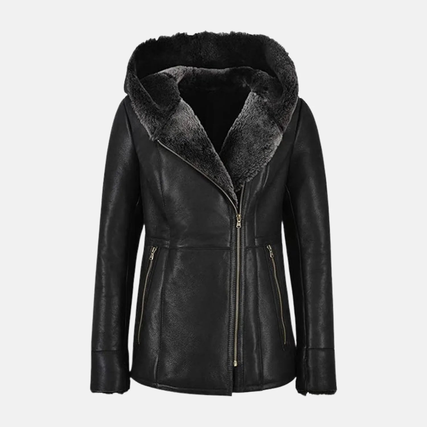 Women’s Hooded Leather Sherpa Shearling Coat