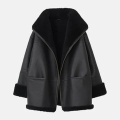 Long Furry Women Bomber Leather Jacket