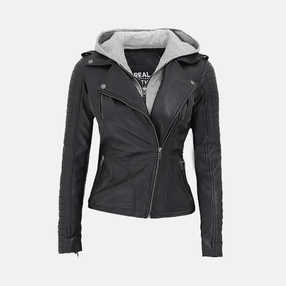 Multi Style Leather Bomber  Jacket with Removable Hood | Black