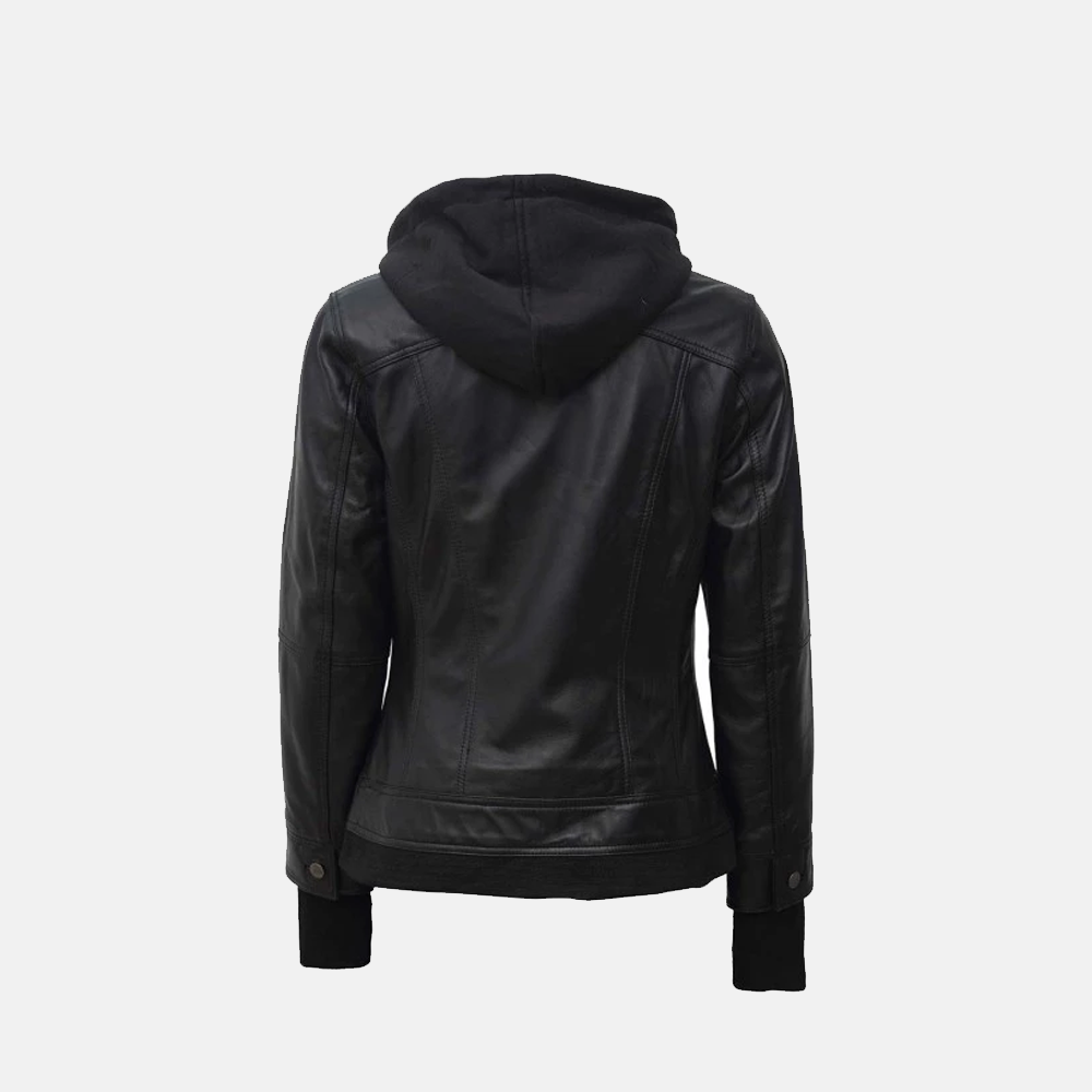 Skyline Leather Bomber Women's Hooded Jacket | Black