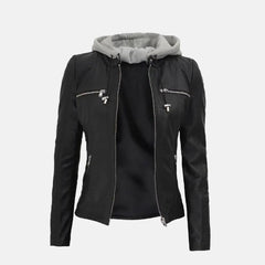 Versatile Bomber Hooded Leather Jacket For Women | Black