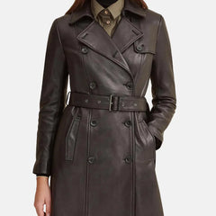 Women Brown Leather Trench Coat With Belt